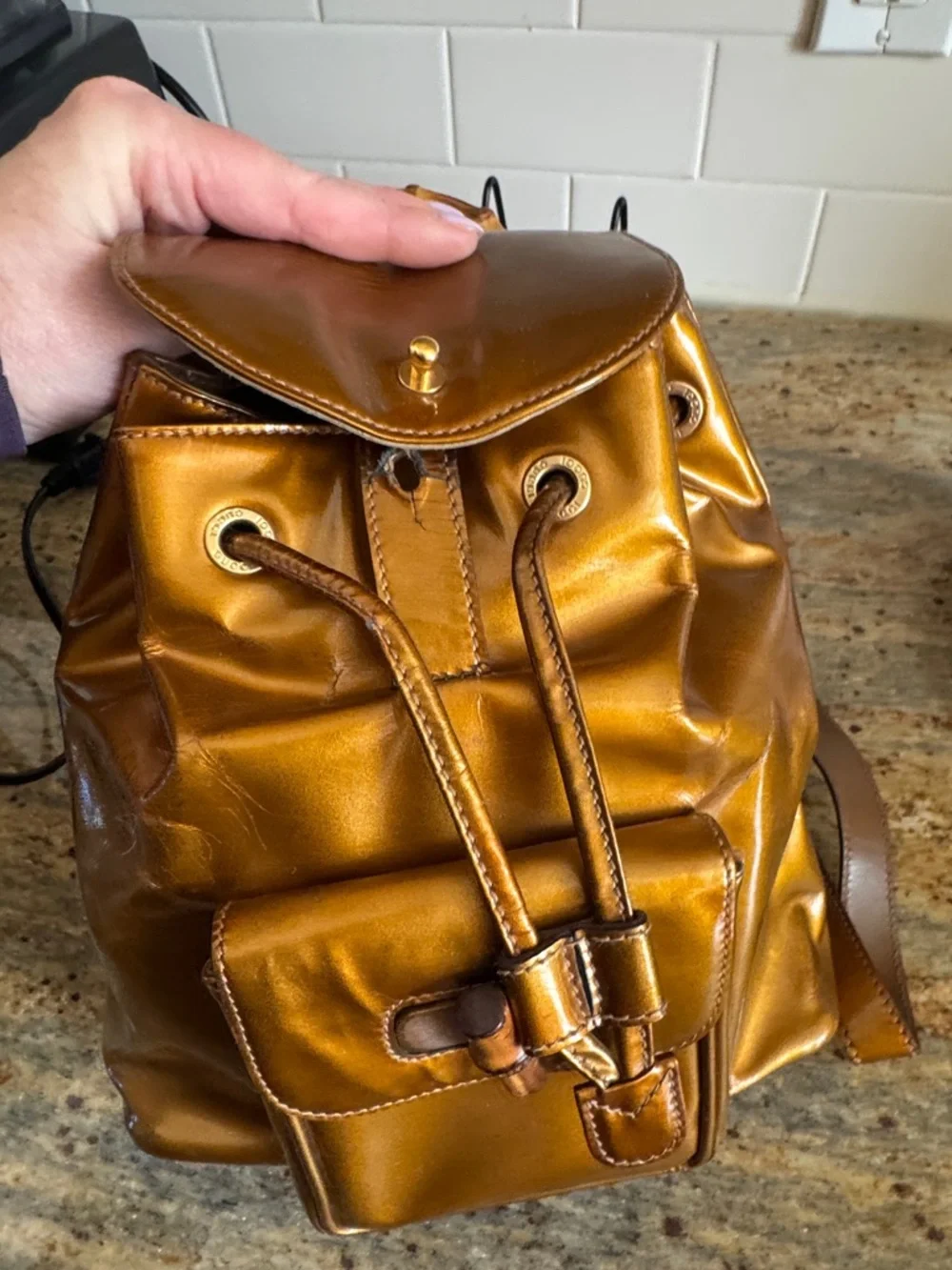 Gucci mini Patent Leather Drawstring Backpack ,, Bamboo Handle VTG Bronze - Picture 9 of 17